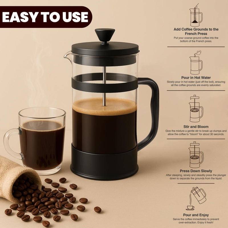 Utopia Kitchen Borosilicate Glass French Press Coffee Maker 34 oz, Heat-Resistant Cafetiere & Tea Maker, Thickened Glass Coffee Press for Travel and Camping, Black - Image 2